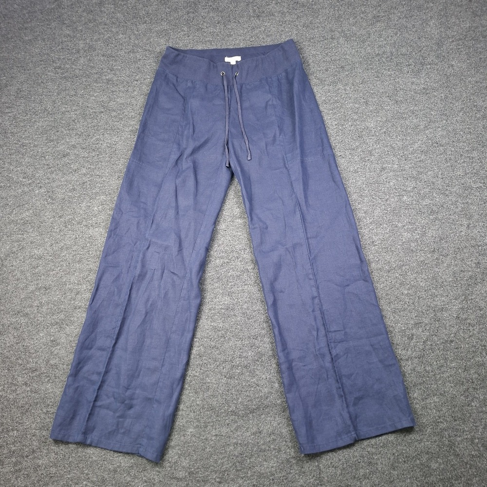 Eileen Fisher Woman Organic Linen Wide-Leg Pants Navy Blue Drawstring Beachy